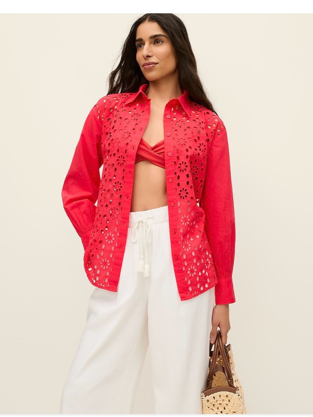 Ann Taylor Bright Red Eyelet Button-Front Shirt